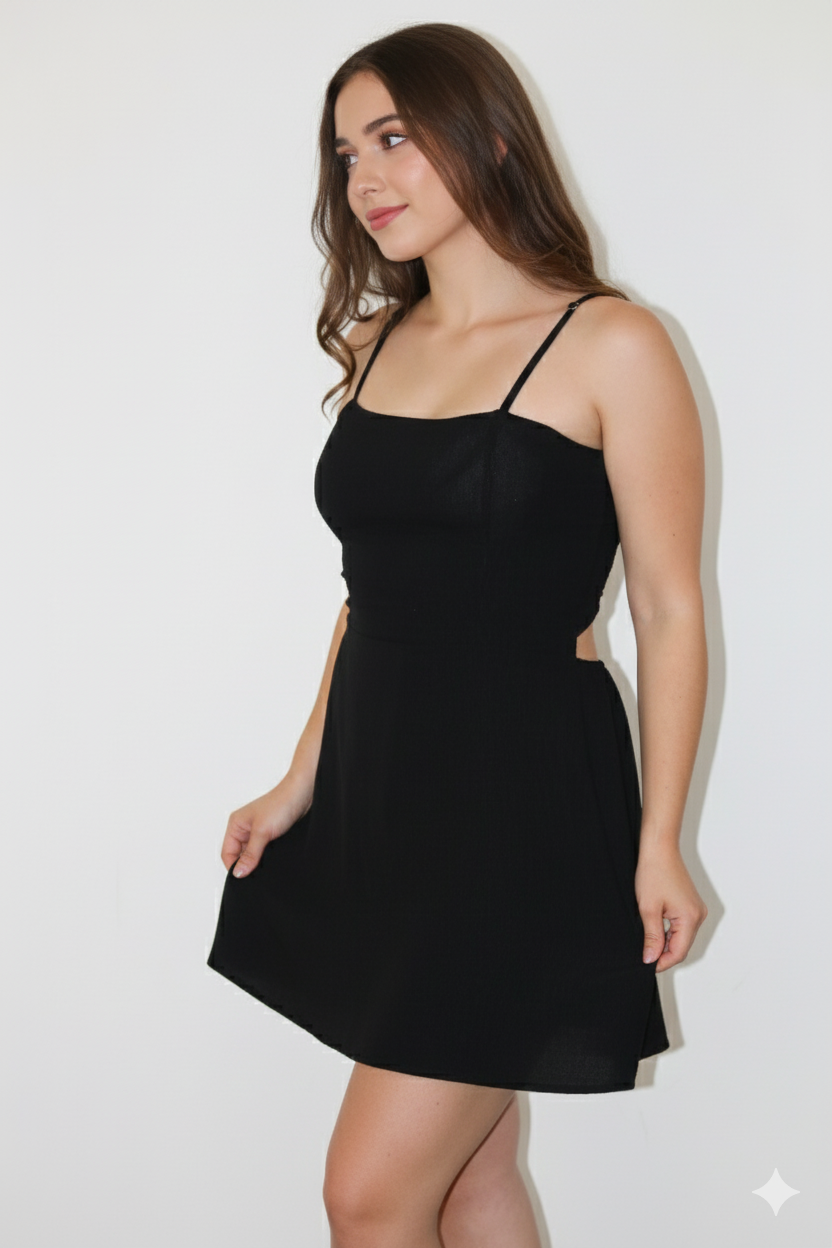 Vestido Mini Negro con Espalda Descubierta y Tirantes Finos