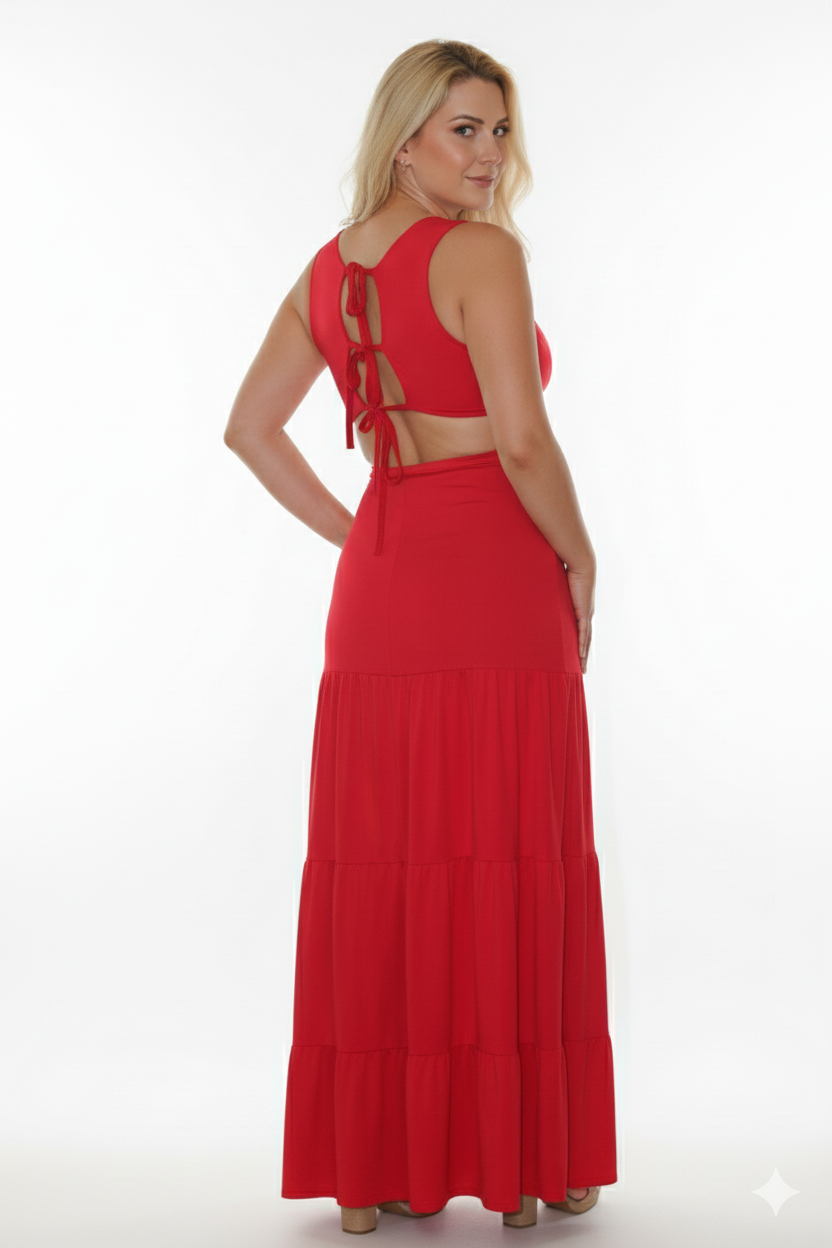 Vestido Largo Carmesí Aura Tropical Elegancia con Cut-Out