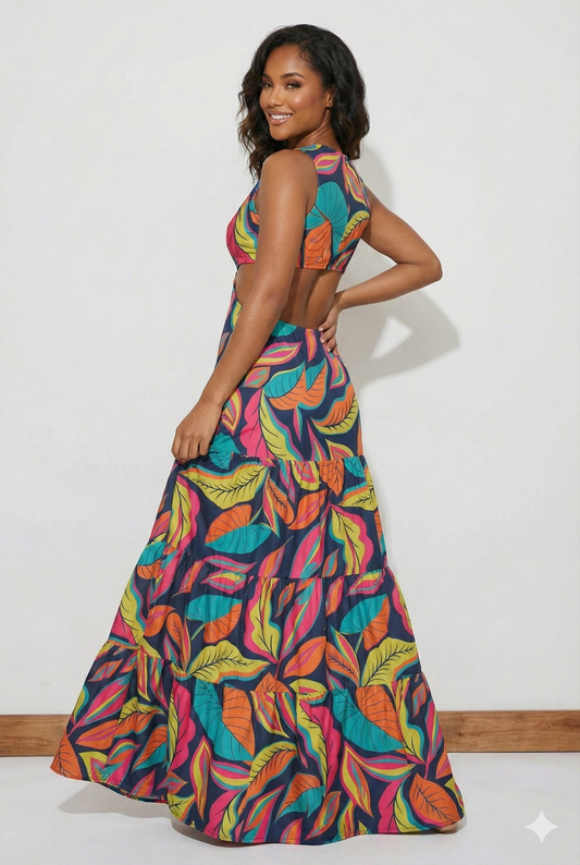 Vestido Largo Tropical Tucán con Aberturas Laterales