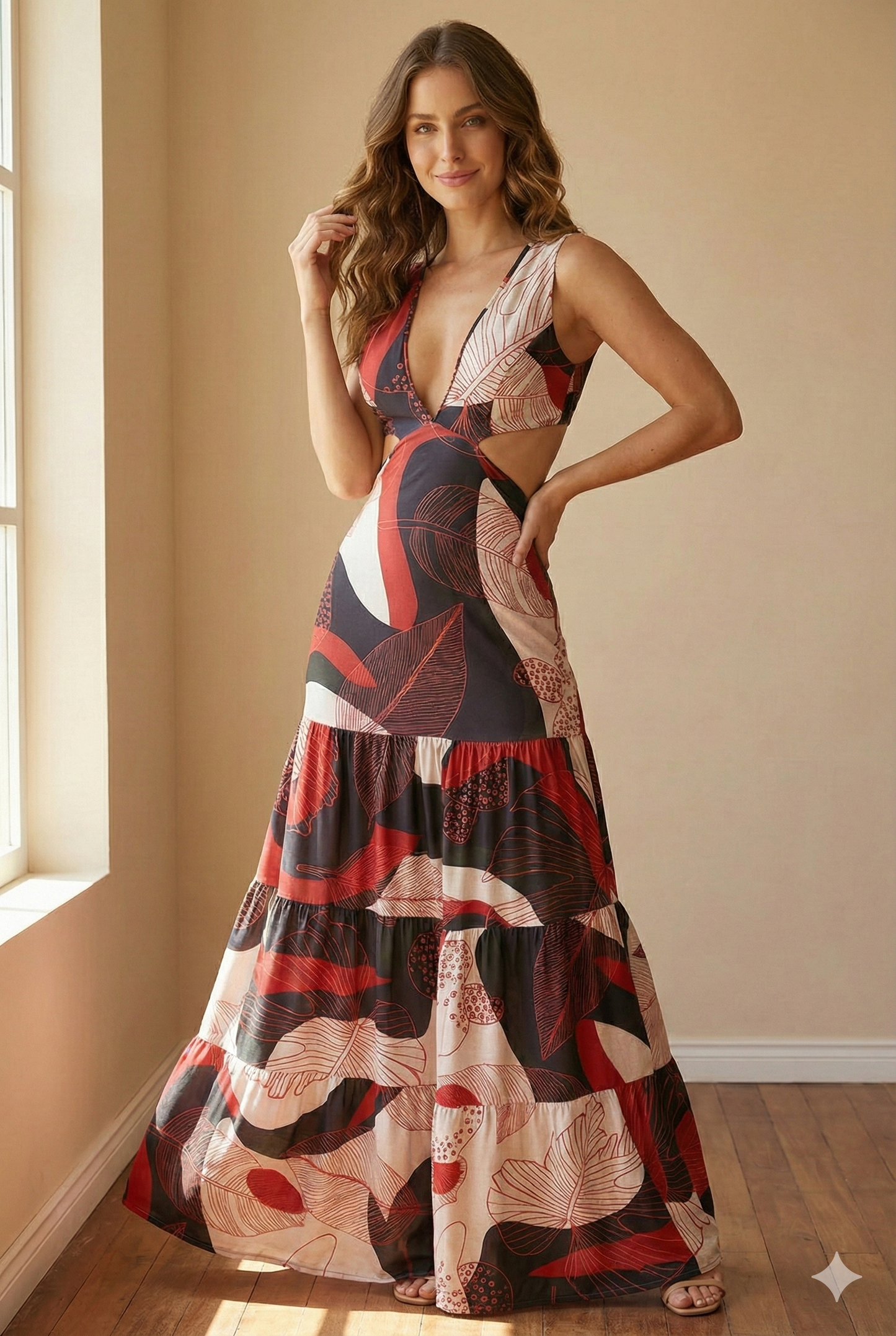 Vestido Largo Maxi Estampado Tropical con Aberturas Cut-Out y Escote V