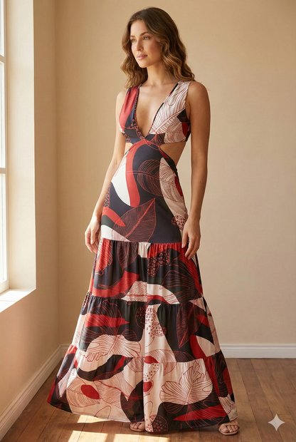 Vestido Largo Maxi Estampado Tropical con Aberturas Cut-Out y Escote V